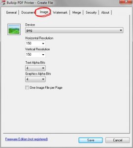 Free Bullzip Printer lets user set Image Resolution when creating JPEG