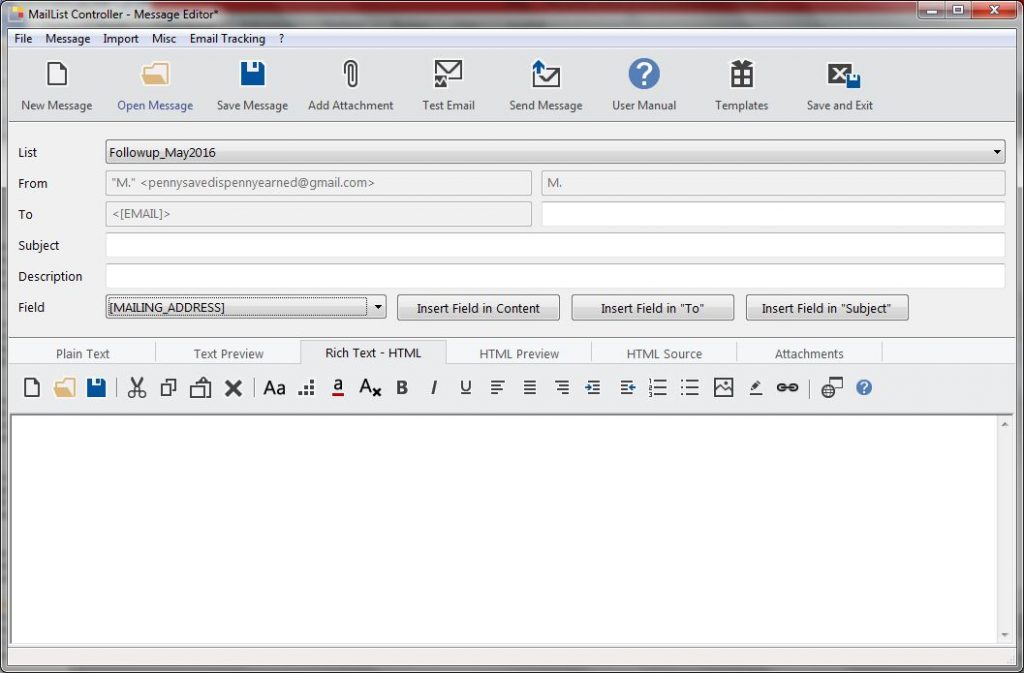 With the free version of MailList Controller, you can send out emails to lists from your Google, Yahoo, Hotmail email accounts
