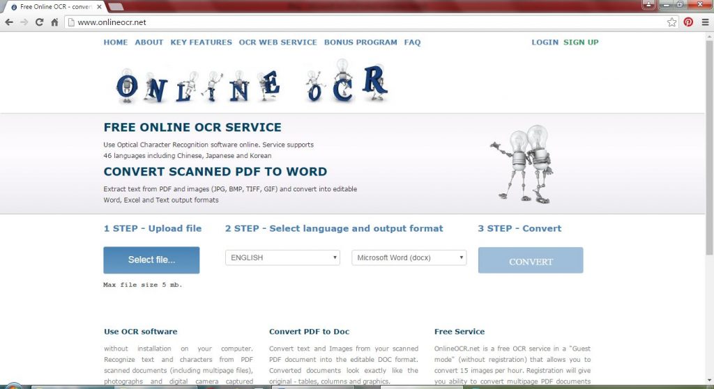 OnlineOCR extracts text from PDF, JPG, BMP, TIFF, GIF and convert into editable Word, Excel and Text format